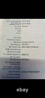 Classic Range Rover Chassis SUFFIX A V5 Log Book + VIN plate. TAX MOT ULEZ Free